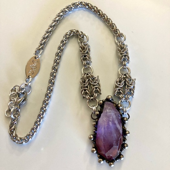 Handmade Genuine raw amethyst crystal maille stainless steel boho goth necklace - Picture 8 of 12